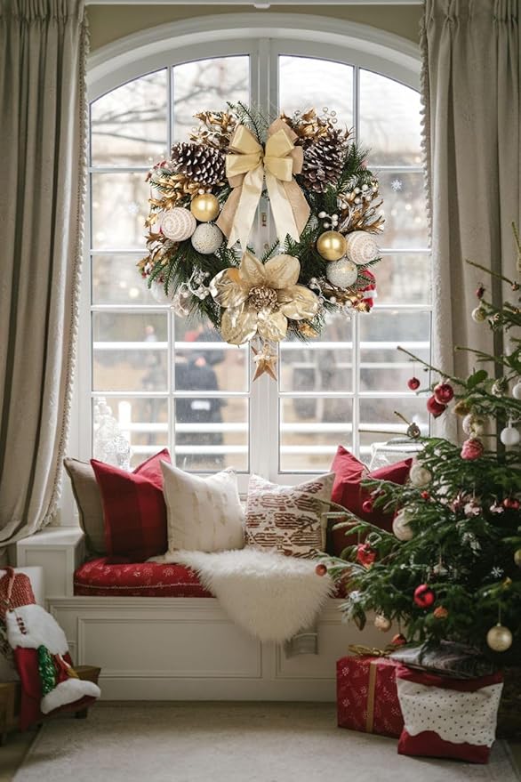 24” Champagne Christmas Wreaths for Front Door with Magnolia Fake Pearl, Christmas Door Wreath with Bow Golden Balls, Pine Needles Pine Cones for Home Wall Window Indoor Outdoor Xmas & Holiday Decor