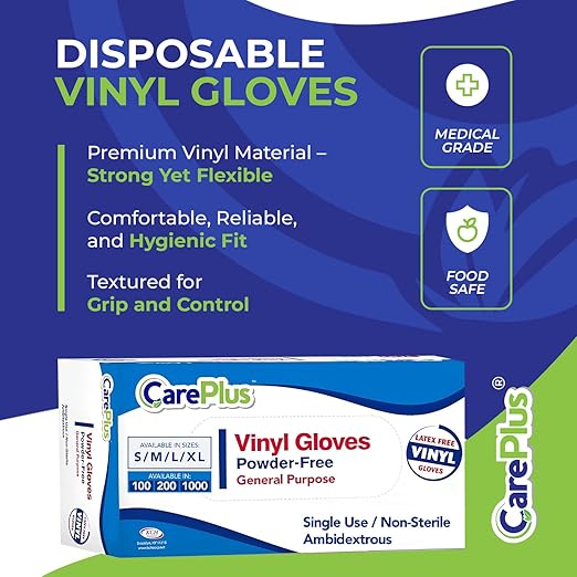 CARE PLUS Vinyl Gloves Clear Medium Size 1000 Count | Heavy Duty, Non-Sterile, Powder-Free, Latex-Free Rubber | Food Prep, Kitchen & Cleaning Gloves, Ideal for Professional Use