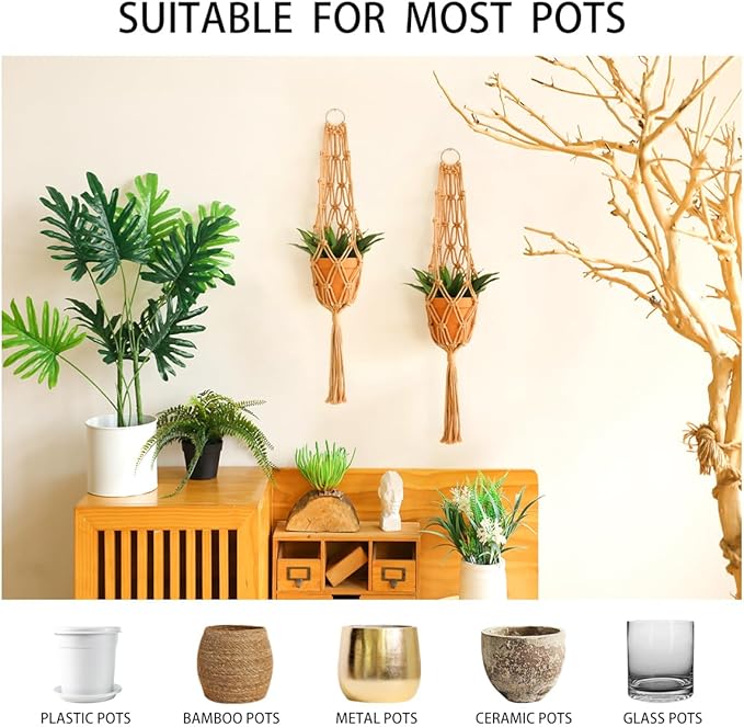 Artilady Hanging Planter for Indoor Plants Macrame Plant Hanger Large Hanging Plant Holder Brown Plants Basket White Rope Boho Original Wall Decor (Brown Plant Hanger)