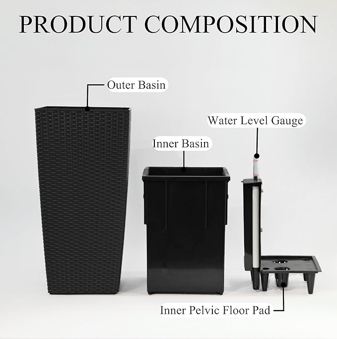 Vigo huseeo 30in Tall Planter, Self Watering Pots for Indoor/Outdoor Plants with Drain Holes, Water Level Monitor, Inner Bucket for Front Porch Patio, Black Large(1 Set)