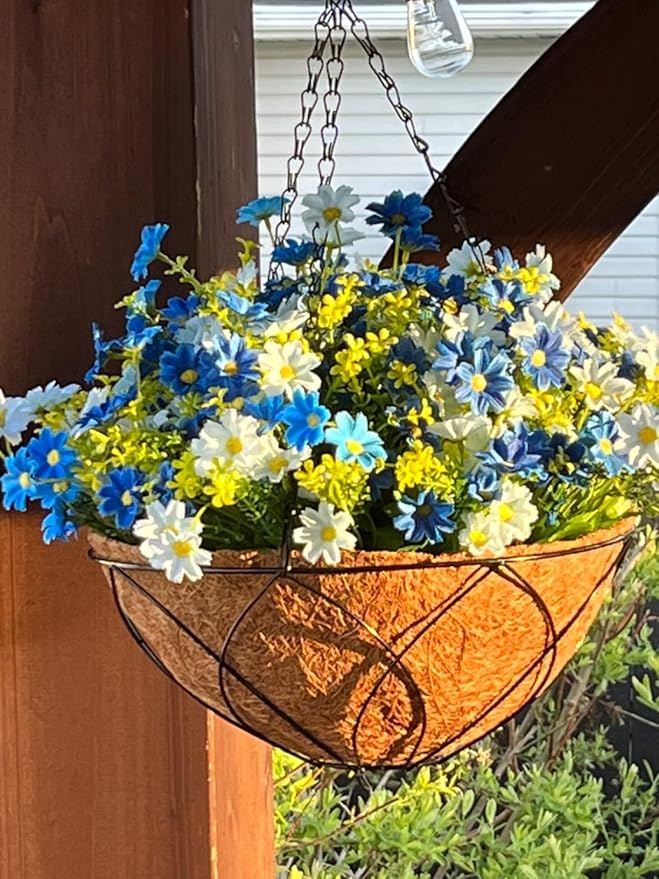 Lamsze Artificial Faux Hanging Plants Flowers Basket for Summer Autumn Outdoor Outside Porch Decoration, Fake Silk Colorful Daisy Eucalyptus UV Resistant Look Real for Home Patio Balcony Yard