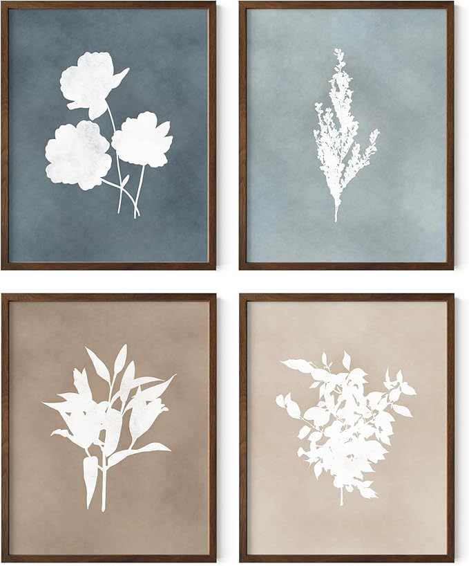 HAUS AND HUES Floral Wall Art - Set of 4 Plant Posters for Wall Vintage Botanical Prints, Flower Pictures for Room Aesthetic, Vintage Art Prints Flower Wall Art (Walnut Frame, 11x14)