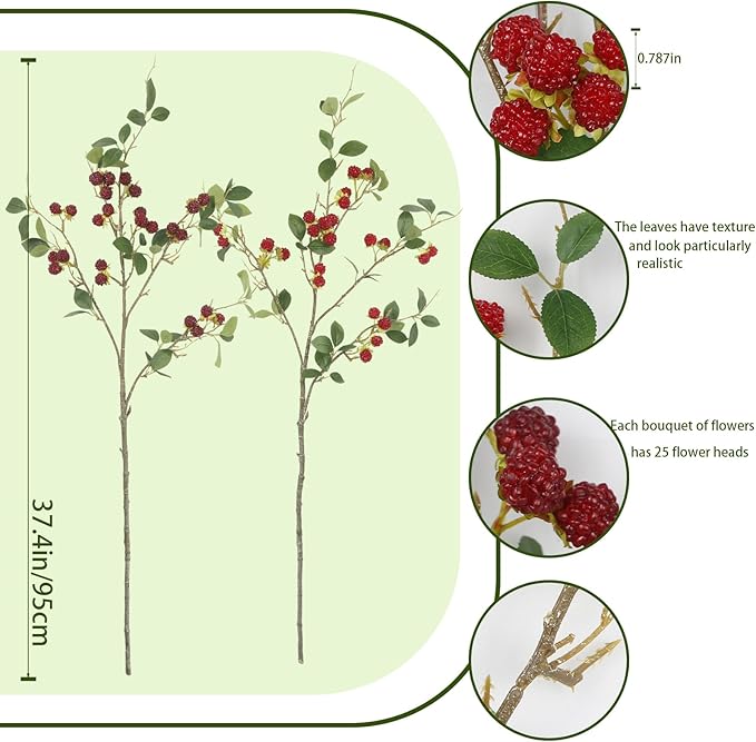 2 Pcs Faux Berry Stems Realistic Red Raspberry Berries Flowers Faux Berry Picks Artificial Flowers Branches for Indoor Home Decor Vase Thanksgiving Farmhouse Christmas DIY Mantel Harvest