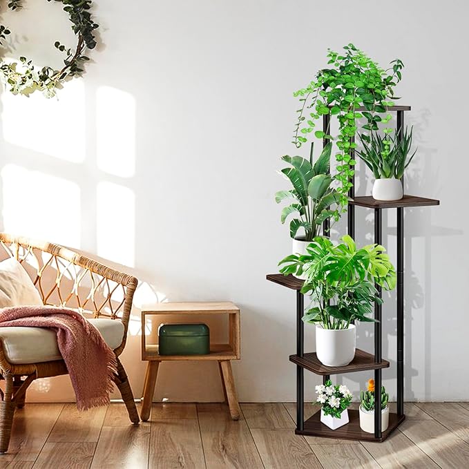 YOCOMEY 5 Tier Wood Tall Plant Stand Metal Rack Indoor, Multiple Flower Pot Holder Shelves Corner Rack, Planter Shelf Display Rack Storage Organizer for Patio Living Room Balcony Garden(Black Oak)