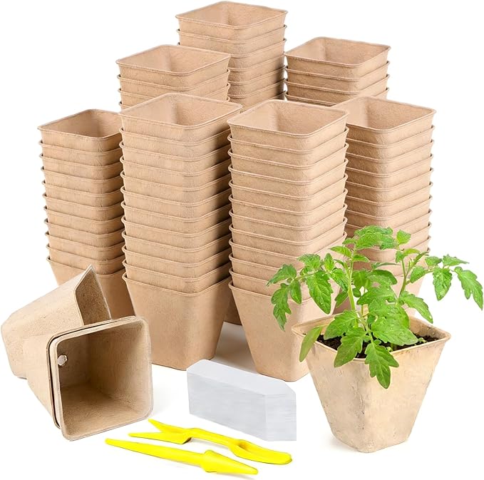 Doubleggs 70-Pack 3.15 inch Square Peat Pots for Seedlings with 100 Labels, Biodegradable Nursery Pots with Drainage Holes for Plants