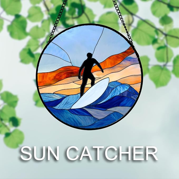 Stained Glass Window Hanging 4 Pcs Set Blue Ocean Surfing Beach 6.3" - Suncatcher Door Garden Sun Catcher Decor Birthday Mother's Day for Firefighte Men Woman Nana Mom