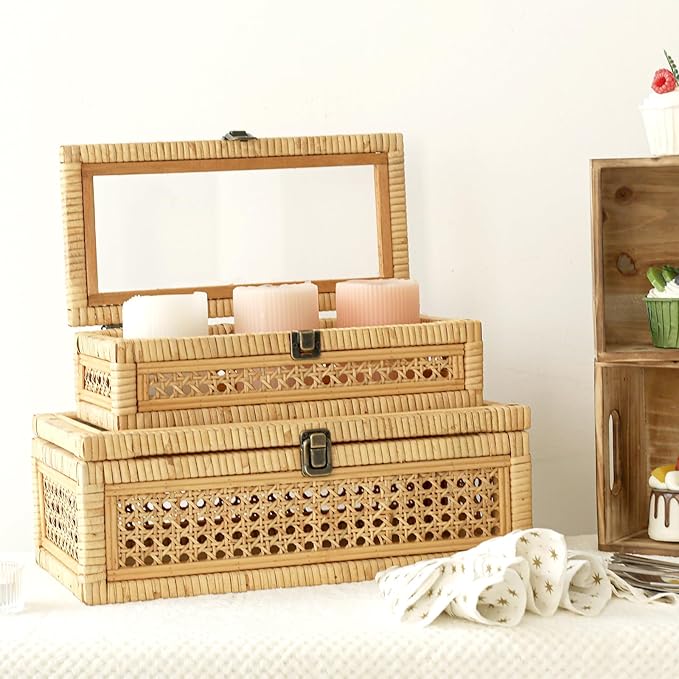 Rattan and Cane Stacking Boxes with Glass Top Lid - Set of 2 for Boho, and Rustic Farmhouse Decor