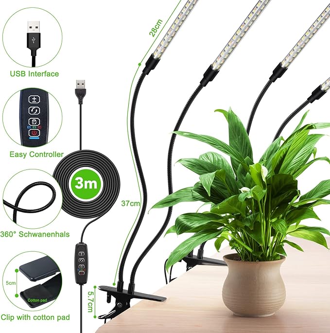 GROWSTAR Plant Lights for Indoor Growing, Full Spectrum 4 Heads Clip Grow Lamps with 10 Feet Cables for Seeding Blooming and Fruiting(2 Pack)