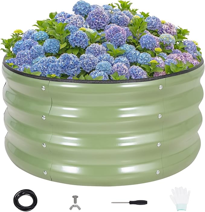 INNO STAG Round Galvanized Raised Garden Bed — 2×2×1ft Planter Box Outdoor Raised Beds Kit for Gardening Vegetables, Fruits, Herbs, and Flowers, Olive Green