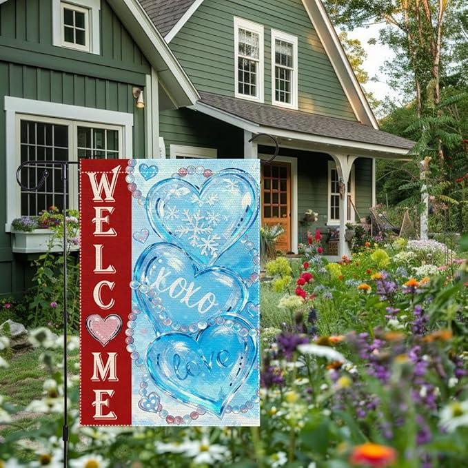 Welcome Winter Valentines Day Garden Flag 12x18 Inch Double-Sided Burlap with Snowflakes and Hearts for Home Decoration