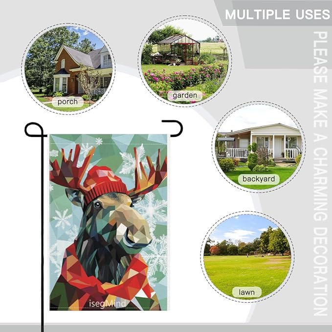 Moose with Red Scarf and Hat Snowflake Christmas Garden Flag, 28x40 Inch Double Sided Linen Holiday Red Winter Farmhouse Yard Outdoor Decoration (4336)