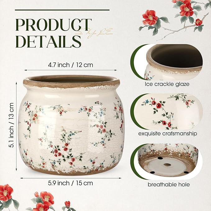 2 Pcs Vintage Planter Large Ceramic Plants Pot Beige Red Rustic Floral Ice Crack Cottage Scroll Vase Flower Pot Indoor Plants Home Kitchen Decor Farmhouse Antique Decorative Gifts