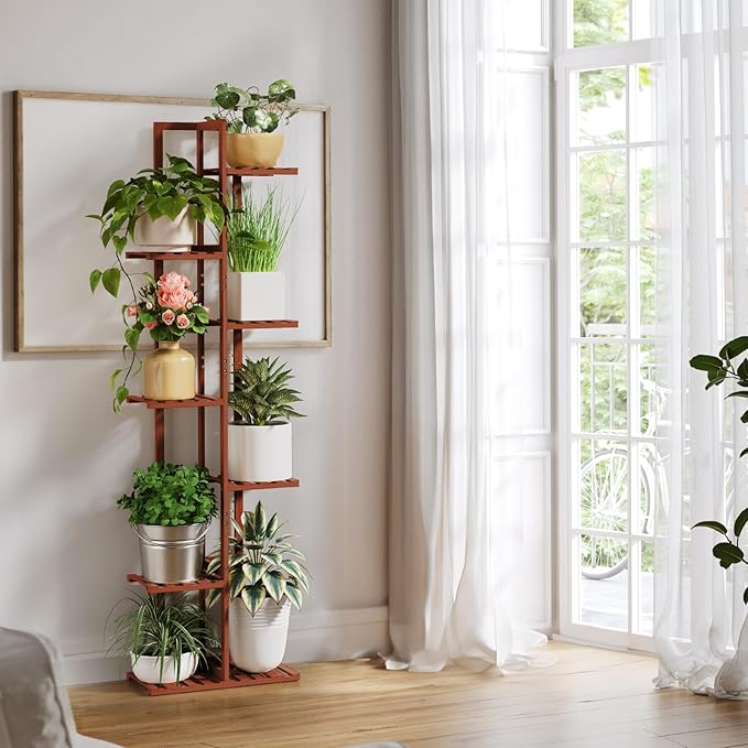 ROSSNY 55 Inch Tall Plant Stand Indoor, 7 Tier 8 Potted Bamboo Plant Stands for Indoor Plants, Corner Plant Stand, Tiered Plant Stands, Plant Shelf For Indoor, Planter Holder for Multiple Plants Indoor, Brown