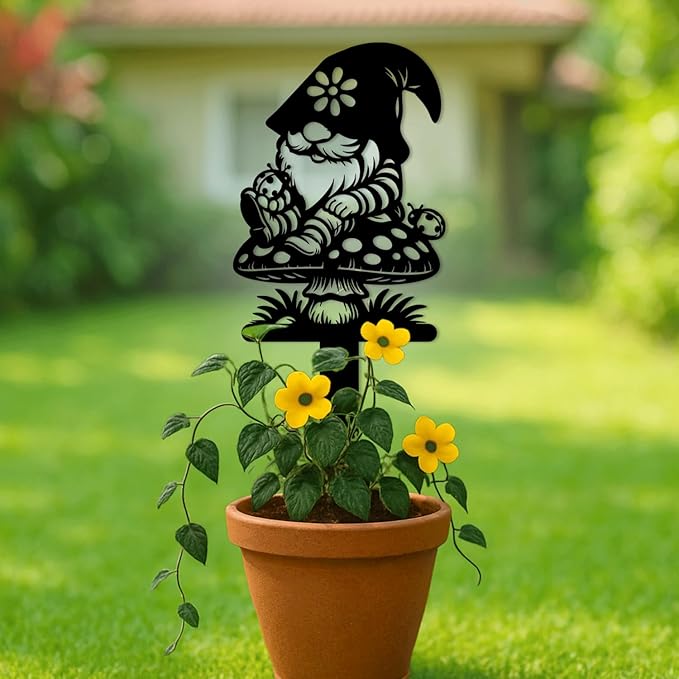 Magilab Personalized Iron Yard Stake - Christmas Cute Gnome Dwarves Decor, 8-Inch Black Metal Garden Sign for Outdoor (Style G)