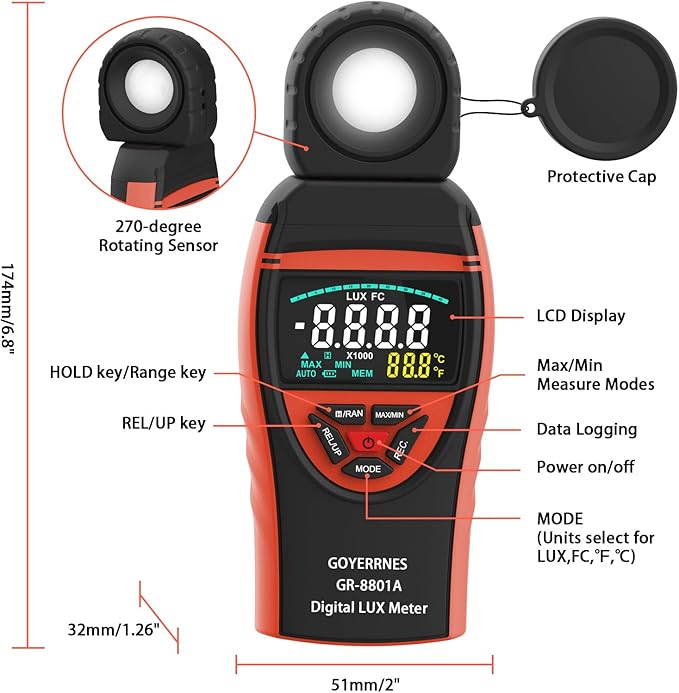 GOYERRNES Illuminance Light Meter, Digital Lux Foot Candles Meter 0.1~400,000 Lux (0.1~40,000 FC) with 270º Rotatable Detector, Lumen Meter Luxmeter for Indoor Outdoor(Multicolor Backlit)