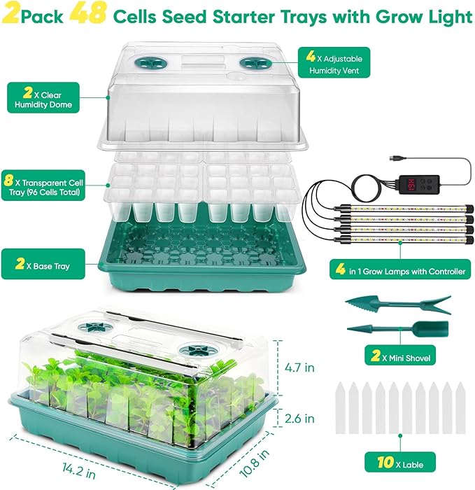Upgraded 96 Cells Seed Starter Tray with Grow Light, Seed Starter Kit with Adjustable Humidity Dome, Seed Starting Trays Plant Starter Kit for Seeds Growing Starting, Indoor Gardening, Greenhouse