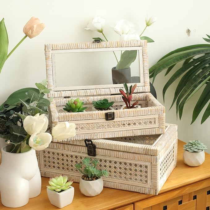 Rattan and Cane Stacking Boxes with Glass Top Lid - Set of 2 11.8" and 14.1", for Boho and Rustic Farmhouse Decor, White Wash