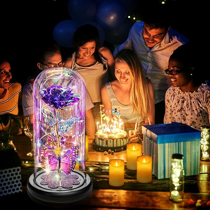 Valentines Day Rose Gifts for Her Women Birthday Gift Galaxy Glass Rose in Glass Dome Forever Eternal Crystal Flowers with Butterfly Valentines Day Gifts for Women Daughter Mom Wife Girlfriend Purple