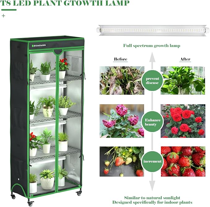 Plant Stand with Grow Light, 36" W x 18" D x 72" H, 5-Tier Indoor Greenhouse with Cover & 3-Color T8 Growth Lights and Smart Socket, Thermohygrometer, for Seedlings & Flowering