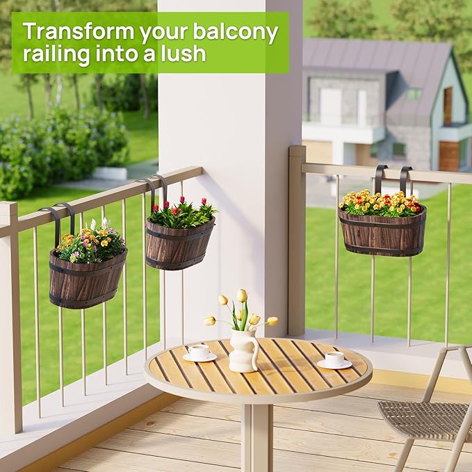 Wooden Hanging Planter for Railing Fence Outdoor Planter Railing Planter Boxes for Plants Wall Planters Window Flower Box Hanging Bucket Pots Countryside Plant Holder (Carbonized,2pcs,Small)