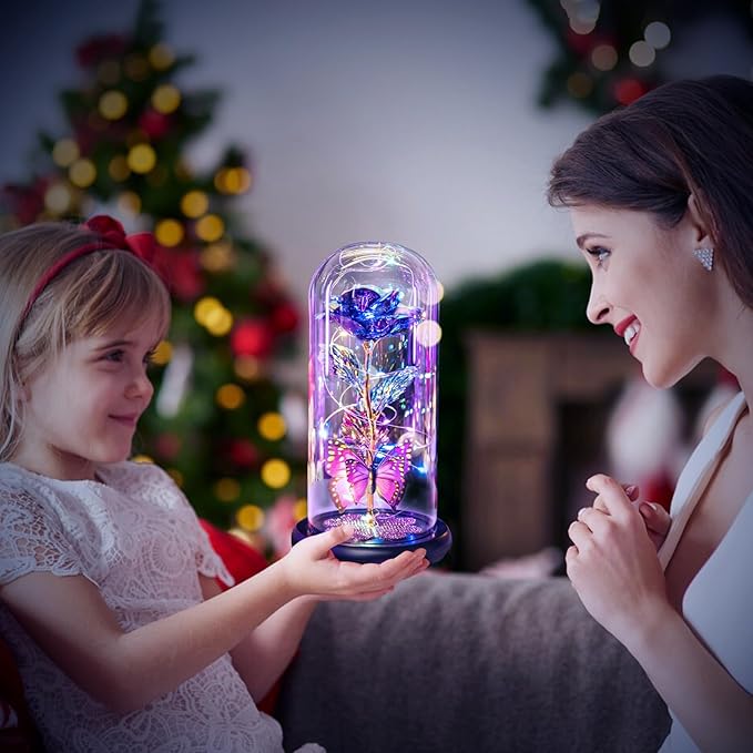 Valentines Day Rose Gifts for Her Women Birthday Gift Galaxy Glass Rose in Glass Dome Forever Eternal Crystal Flowers with Butterfly Valentines Day Gifts for Women Daughter Mom Wife Girlfriend Purple