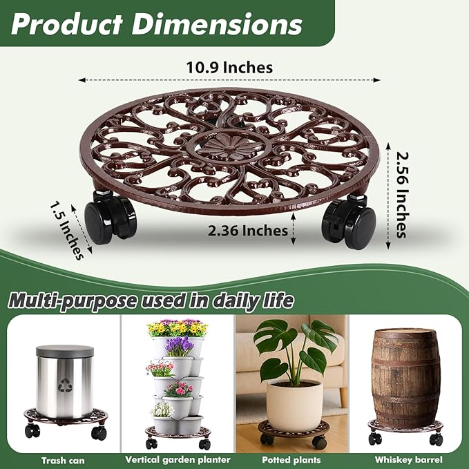 2 Packs 11 Inch Rolling Plant Stand with Wheels Wrought Iron Rolling Plant Stand with Casters Heavy Duty for Indoor Plants Rollers with Wheels, Metal Round Plant Dolly