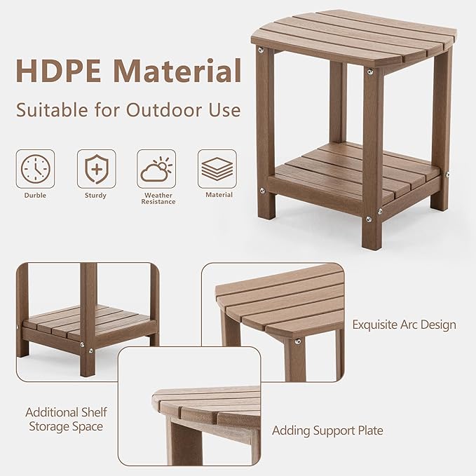 Folding Adirondack Chair Set with Side Table - HDPE Outdoor Patio Chairs, Weatherproof Chair with Reclining Back, Cup & Phone Holder, and 2-Tier Storage End Table for Firepit or Garden (Brown)