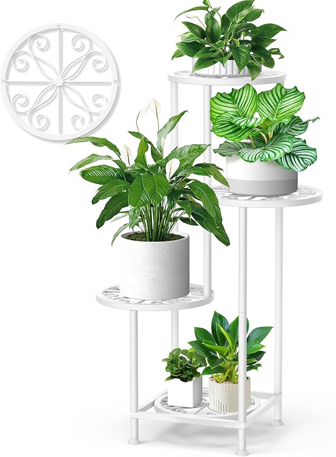 YOCOMEY 4 Tier Plant Stand Outdoor Indoor, Metal Flower Shelf Display Holder, Multiple Plants Corner Tall Flower Holders for Patio Balcony Porch Garden Living Room (White)