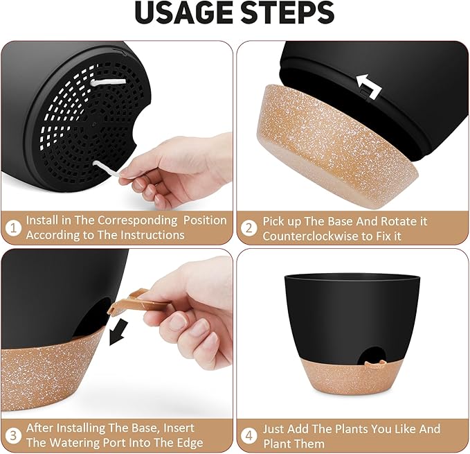 YNNICO 12 inch Large Self Watering Plant Pots, Flower Pots Planters with Multi Mesh Drainage Holes for Indoor Outdoor Garden Plants and Flowers.（Black）