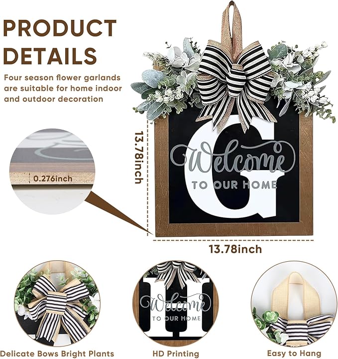 Ultra Large 14'' Last Name All Year Round Front Door Wreath with 26 Initial Letter Welcome Sign All Seasons Eucalyptus Garland and Bow Wreaths for Front Door Porch Farmhouse Decoration (G)