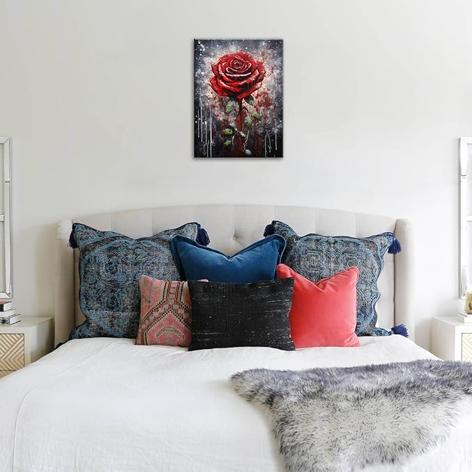 FUNHUA Vintage Rose Painting Canvas Wall Art Black And White Red Rose Flower Ink Painting Picture for Home Office Living Room Bedroom Bathroom Framed Ready to Hang 12x16 Inches