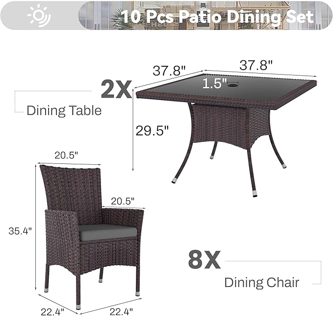 10 Piece Outdoor Dining Set,Rattan Patio Conversation Set of 8 Chairs,Patio Dining Table and Chairs w/Cushions,Square Glass Tabletop,Umbrella Cutout for Patio,Grey