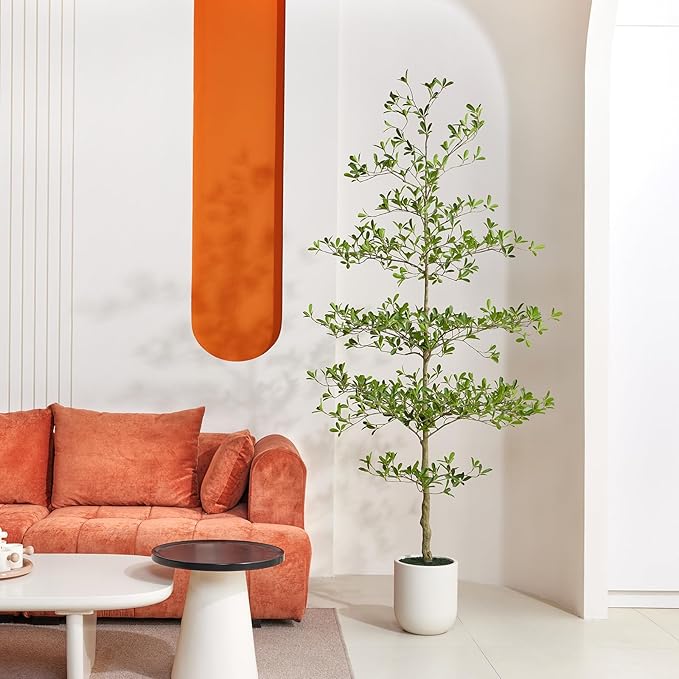 6.8FT Artificial Black Olive Tree in White Planter – Tall Faux Olive Tree with Realistic Leaves, Shady Lady Style Indoor Fake Plant for Home Office Decor