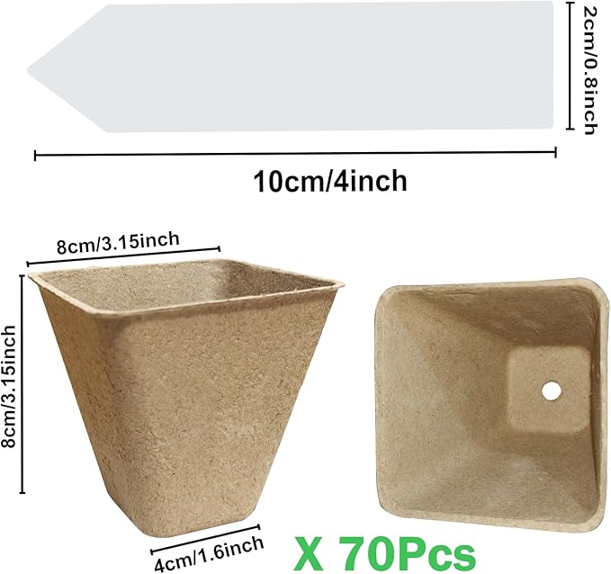 Doubleggs 70-Pack 3.15 inch Square Peat Pots for Seedlings with 100 Labels, Biodegradable Nursery Pots with Drainage Holes for Plants