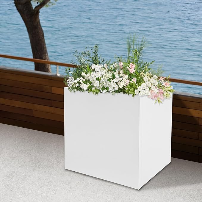 Steel Planter Box Metal Square Indoor Outdoor Planter Box for Outdoor Plants Large Planters Cube Heavy Duty Flower Pot Commercial Residential for Home Garden Deck Porch Patio (White, 17 x 17 x 18 in)