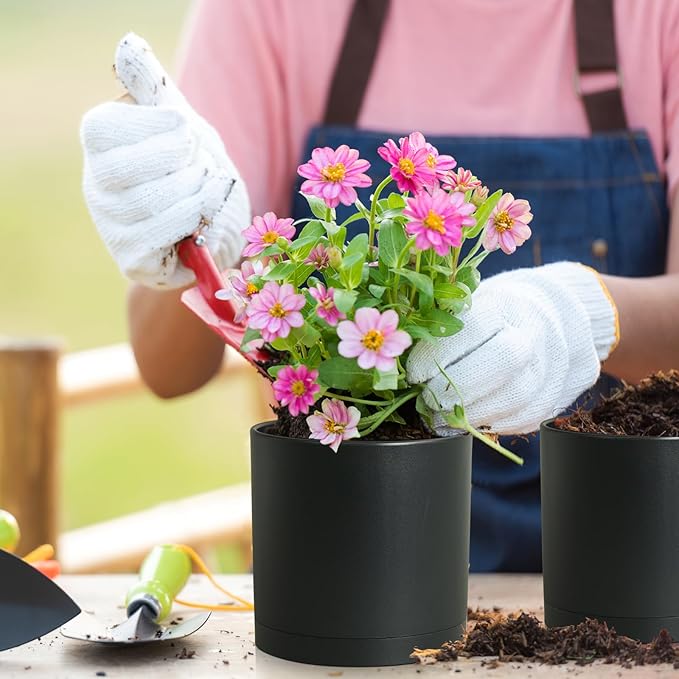 Meowell 10/8/6 inch Large Deep Plant Pots for Outdoor Indoor Plants, 3 Pack Tall Cylinder Flower Pots with Drainage Holes and Saucers, Big Plastic Planter Pots for Garden House Porch, Black