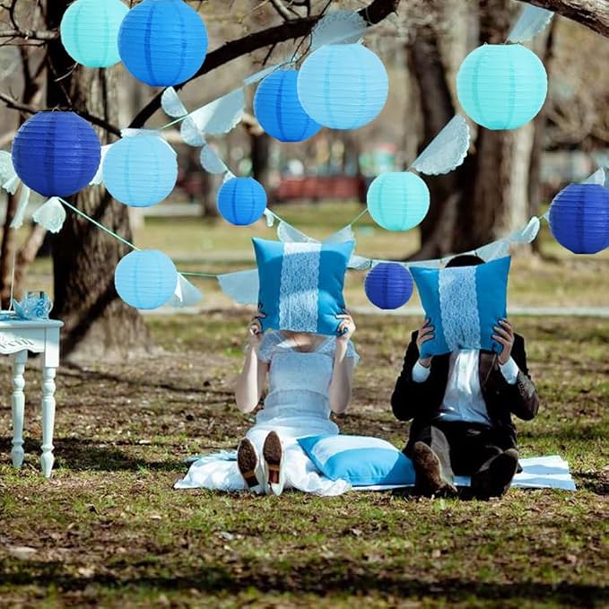 BEISHIDA 16 Pcs Blue White Round Paper Lanterns Decorative Hanging Asia Chinese Japanese Paper Lanterns Lamp for Birthday Wedding Baby Bridal Shower Home Decor Party Decoration