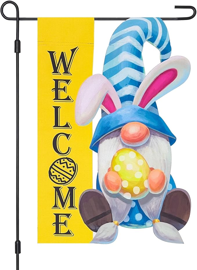 Welcome Easter Gnome Garden Flag, Gnome with Bunny Ears Eggs Blue Yard Outside Decorations, Outdoor Small Vertical Decorative Blackout Flags Double Sided 12 x 18
