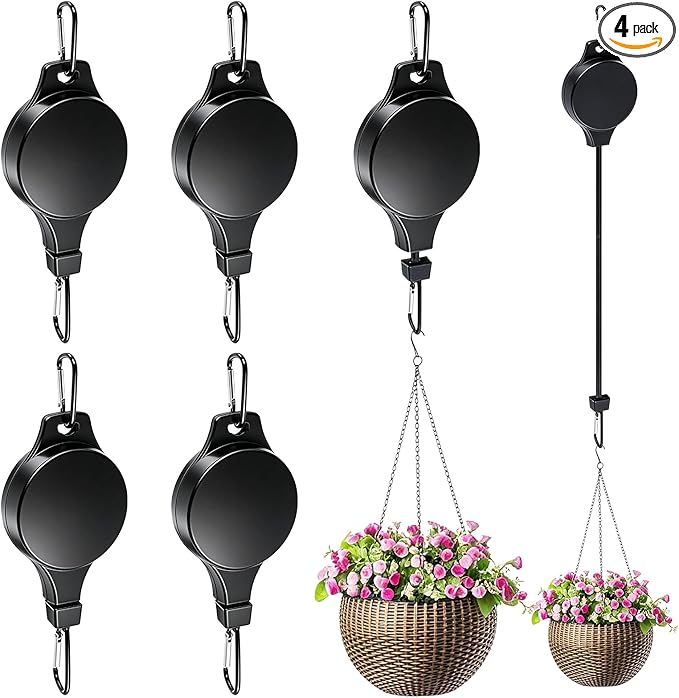 TERVEEX Retractable Plant Hanger with Pulley System, Effortless Raising and Lowering for Indoor and Outdoor Plants, Hanging Planters, Garden Pots & Bird Feeders (4-Pack,Black)