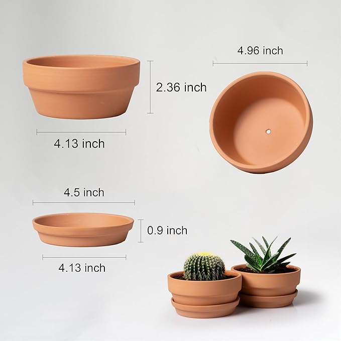 HERDUK Shallow Terracotta Pots 5 inch, Pack of 6 Clay Pots for Plants with Drainage Holes and Saucers, Mini Nursery Plant Pots for Seed, Succulents, Cactus, Indoor,Outdoor