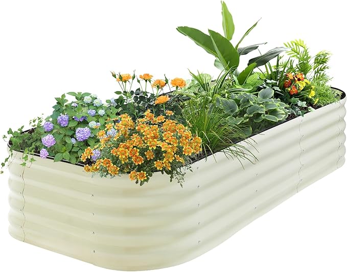 17" Tall 8x2ft Oval White Metal Planter Box for Outdoor Gardening 9-in-1 Modular Galvanized Raised Garden Bed, Heavy Duty Flower Beds, Porch Planters & Expandable Garden Beds Outdoor