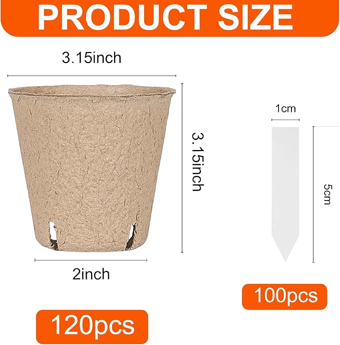 JNYONG 120 Packs 3.15 Inch Peat Pots,Biodegradable Pots for Seedlings with Drainage Holes, Garden Germination Nursery Pots with 100Pcs Plant Labels