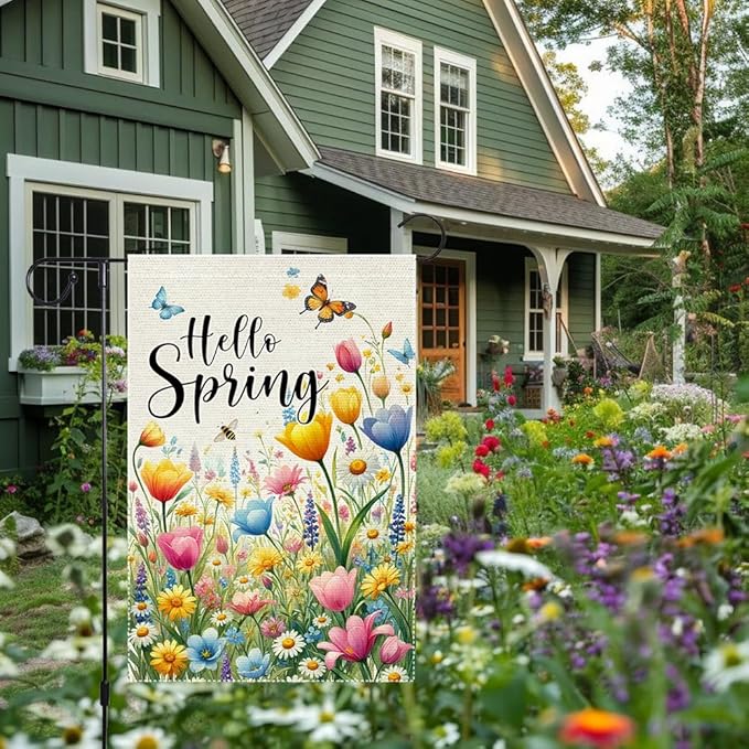 Hello Spring Summer Tulip Garden Flag 12x18 Inch Double Sided Bee Flowers Butterfly Colorful Floral Small Burlap Yard House Seasonal Farmhouse Outside Spring Decor Flags