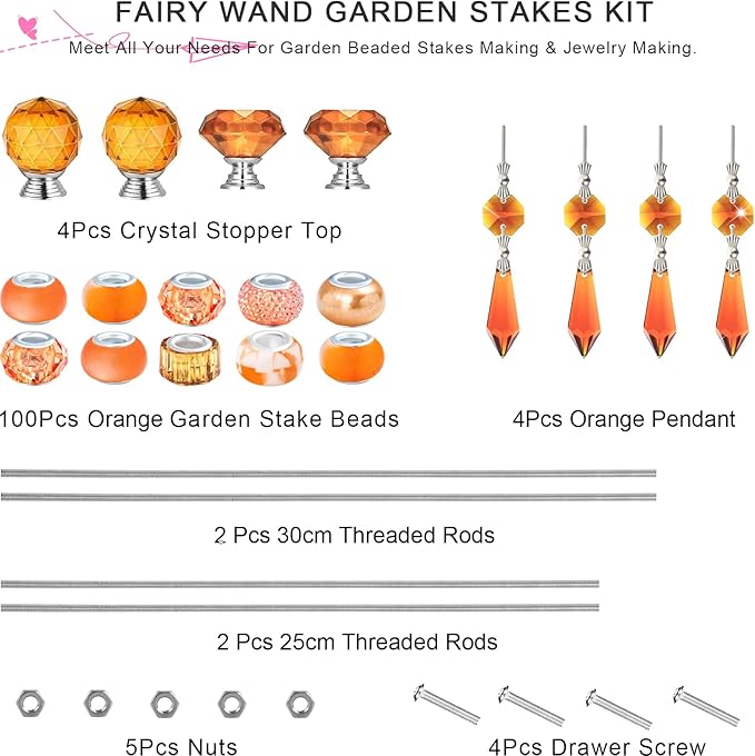 121 Pcs DIY Fairy Wand Beaded Garden Stakes Kit, Fairy Wands Garden Kit Orange Large Hole Bead with Pendants Crystal Stopper Top Threaded Rod Beaded Garden Stakes Supplies for Outdoor Decorative