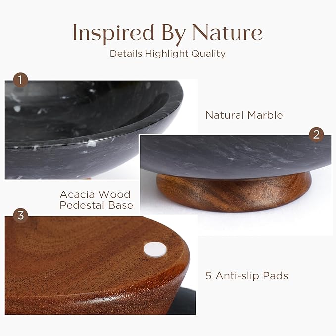 SAMAH Black Marble Fruit Bowl with Acacia Wood Pedestal, Large Decorative Footed Bowl, Natural Stone Centerpiece for Kitchen Counter, Entryway, Keys, Dining Table, House Warming Gifts New Home(11Inch)