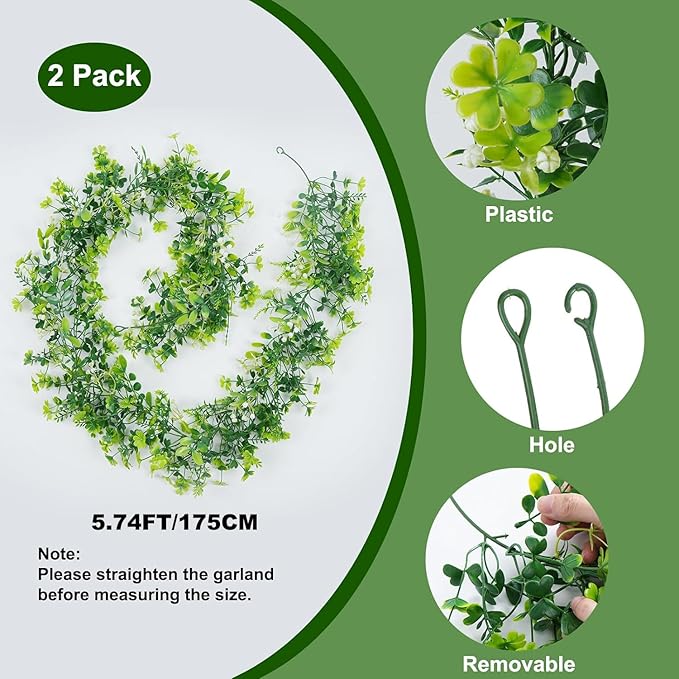 GTIDEA 2 Strands 69" St Patrick's Day Faux Greenery Four Leaf Clover Garland Artificial Ivy Vines Garland for Spring Home Front Door Festival Party Indoor Outdoor Wall Garden Decor