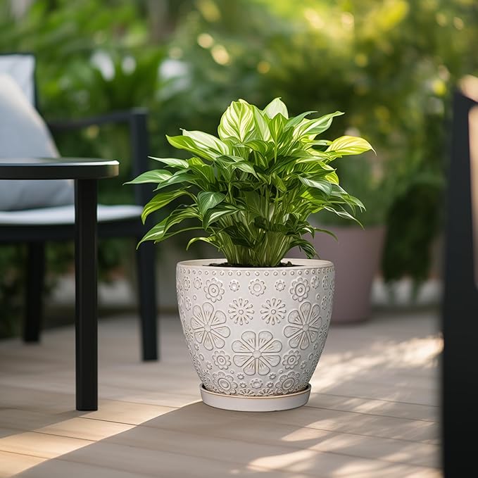 MPotTo 10 Inch Ceramic Planter Pot Large Plant Pot for Indoor Plants Outdoor Round Flower Pot with Drainage Hole and Saucer for Home Garden Decor White