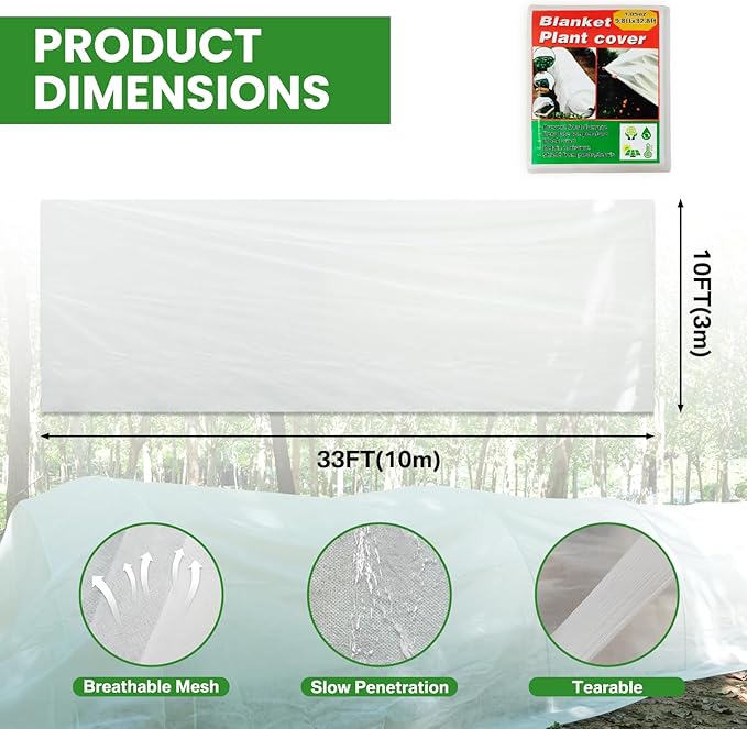 QZXALGS Plant Covers Freeze Protection, 10ft x 33ft Winter Frost Cloth Blankets for Outdoor Plants, 1.05oz/yd² Floating Row Cover Frost Protection for Gardens, Vegetables, Tree, Snow