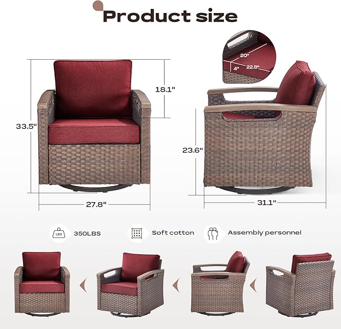 Rilyson 4 Piece Outdoor Patio Swivel Rocking Chairs, All Weather Wicker, Metal Armrest, Deep Seating, Thick Comfortable Cushions, Ideal for Deck Porch Backyard, Brown/Red