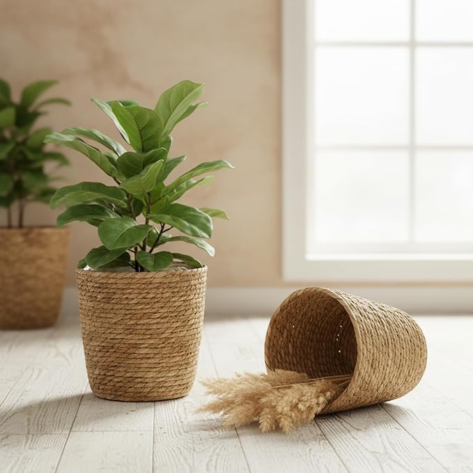 12 Inch Woven Wicker Rattan Planter Basket with Plastic Liner for Indoor Plants and Storage